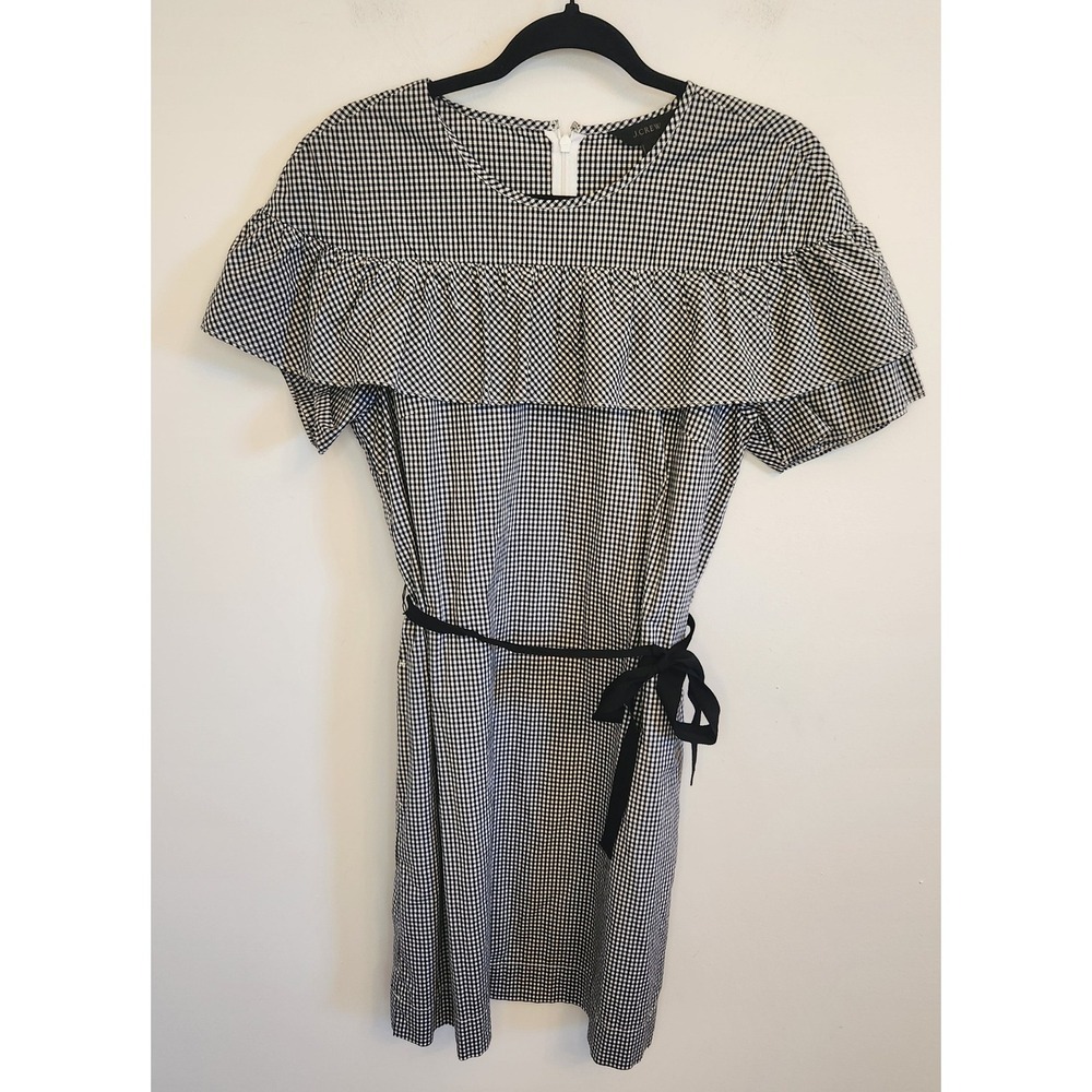 J Crew Womens Black White Micro Gingham Dress Ruffle Tiered Belted Size 6 - Picture 2 of 9